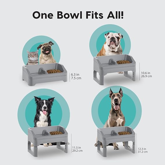 IRIS USA Elevated Pet Feeding Station, Adjustable, Double Bowls, Gray