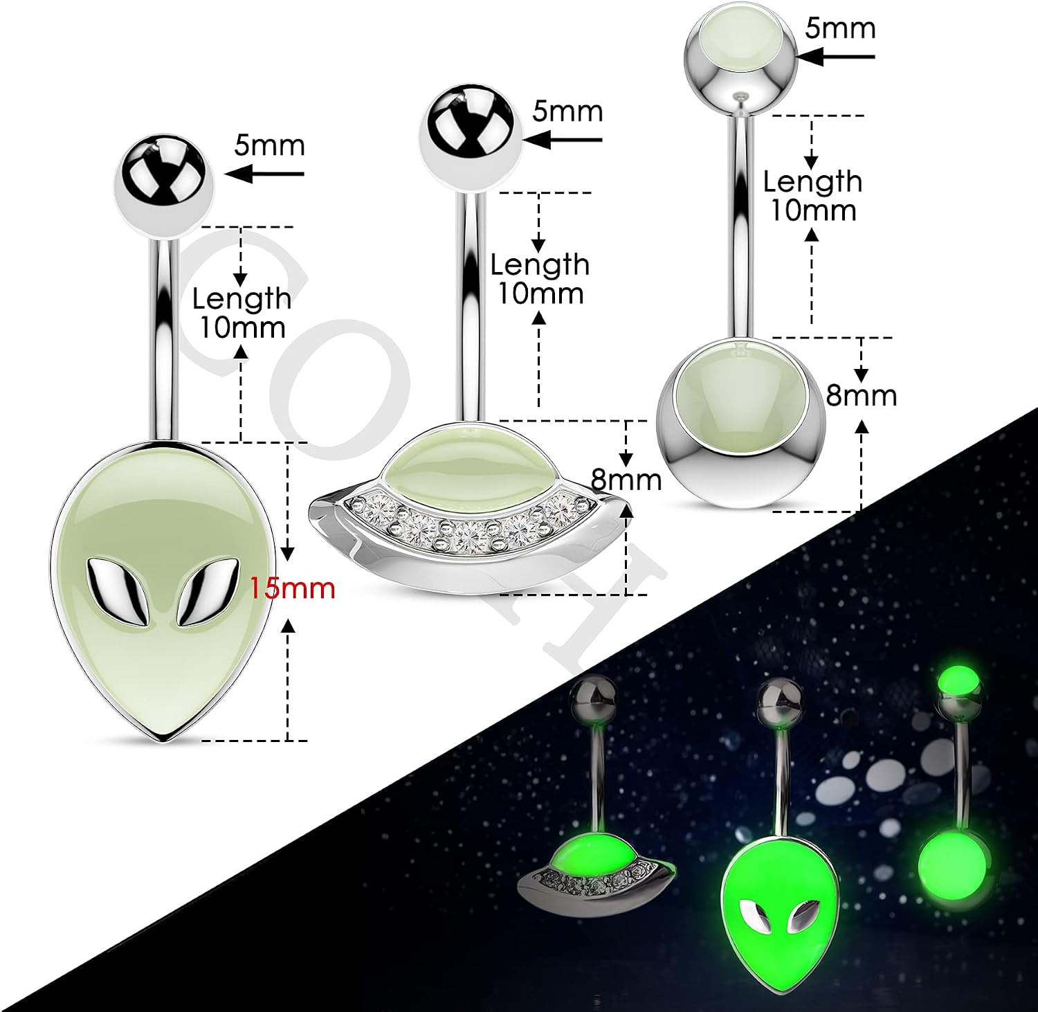 COCHARM 3PCS Halloween Alien Belly Button Rings Glow in the Dark 14G UFO Belly Navel Piercing Jewelry