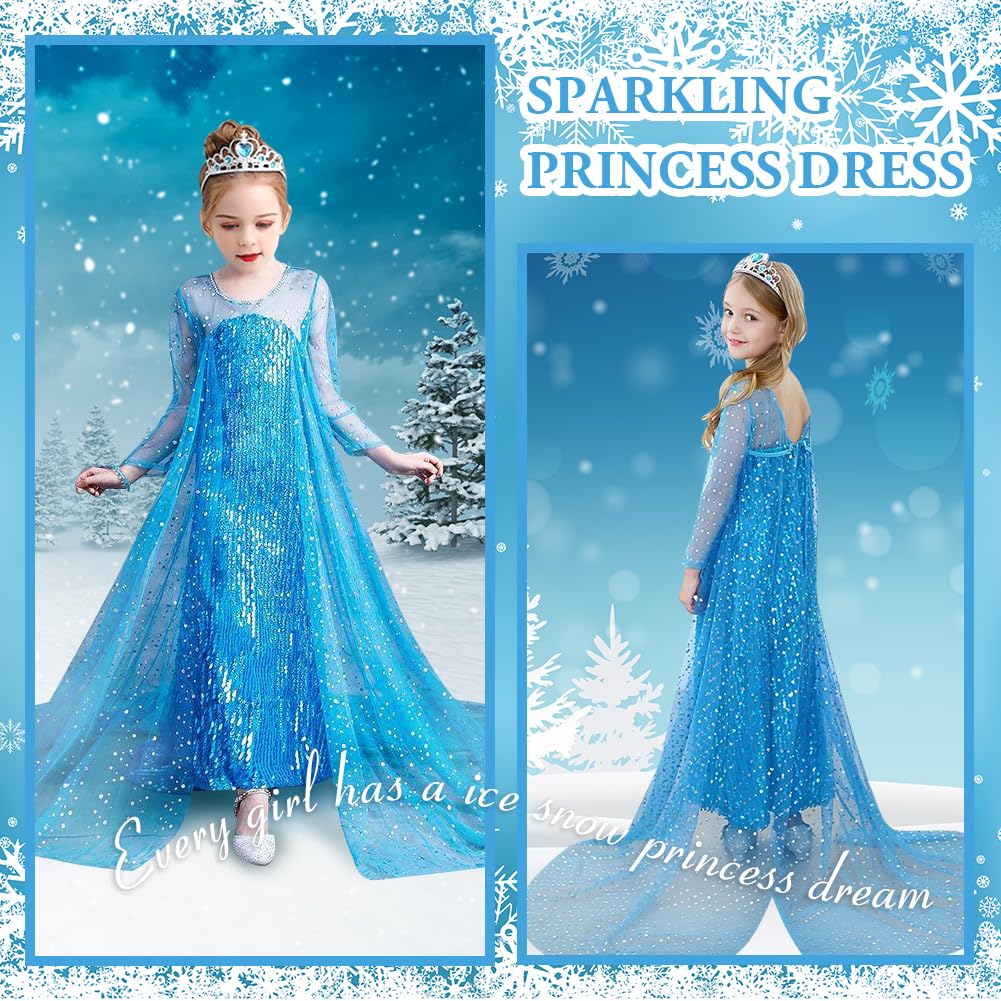ACWOO Costume Elsa, costume da principessa bambina con accessori per corona e bacchetta di Elsa, abiti principessa Elsa con paillettes lussuose, costume bambina Halloween Cosplay compleanno carnevale