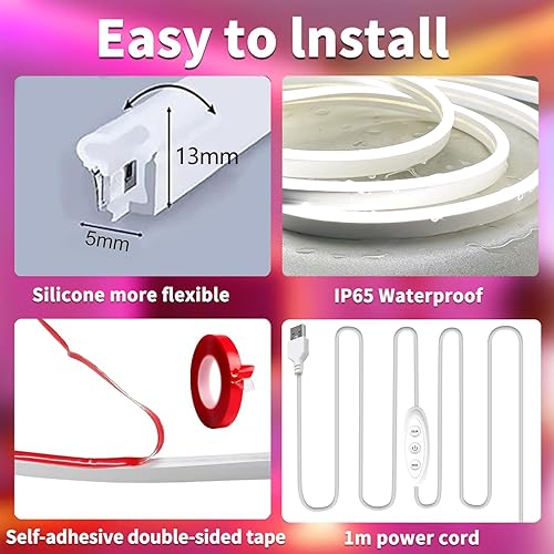 Miniatura 7 de Cuerda de luz de neón, tira de luces LED RGB de 10 pies con control de aplicación, sincronización de música de 5 V, cuerda de luces LED de neón