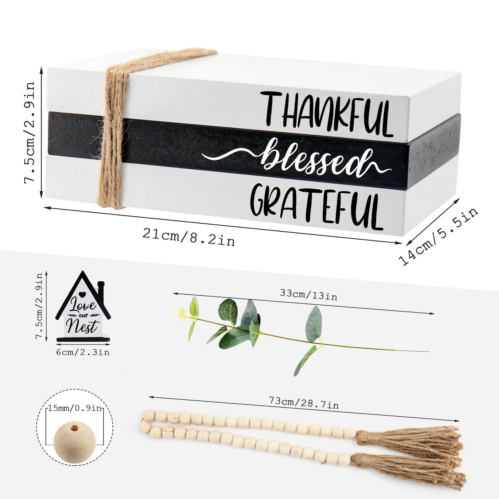 Wooden Farmhouse Stacked Books Set Home Decor Farmhouse Stacked Faux Black White Wooden Books with Wood Bead Garland for Coffee Tables Home Office Living Room Book Shelf Decor (Blessed-4)