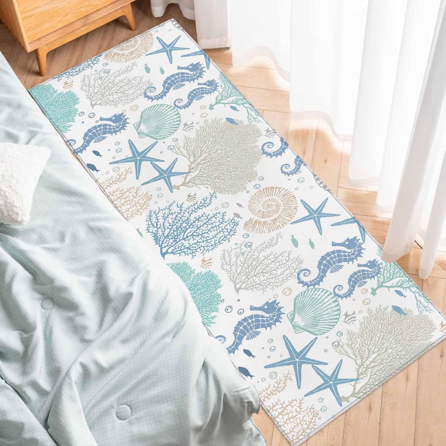 Kitchen Mats for Floor Coastal Seahorse Starfish Coral Washable Non Slip Kitchen Rugs 1PCS, Underwater Ocean Fish Conch Absorbent Standing Mats for Sink Bathroom Office Living Room 23.6x70.9in
