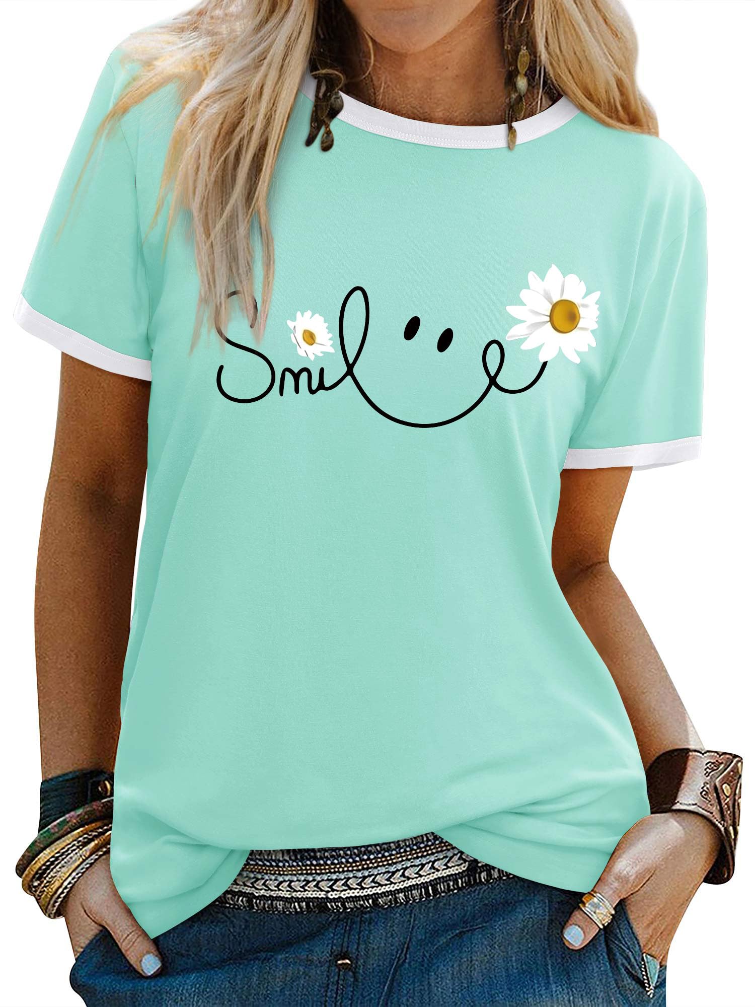 Yihelian Tshirts Frauen Rundhals Top Damen Daisy Print Kurzarm Tee Shirt Sommer Lächeln Brief Gedruckt Shirts