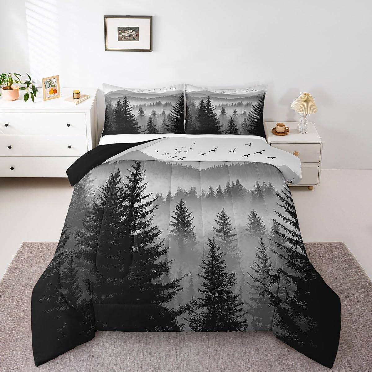 Erosebridal Black Grey Queen Comforter Set Smoky Mountain Forest Bedding Set Rustic Woodland Pine Trees Comforter for Kids Boys Adults Men,Nature Landscape Quilt Duvet for All Season 3 Pcs
