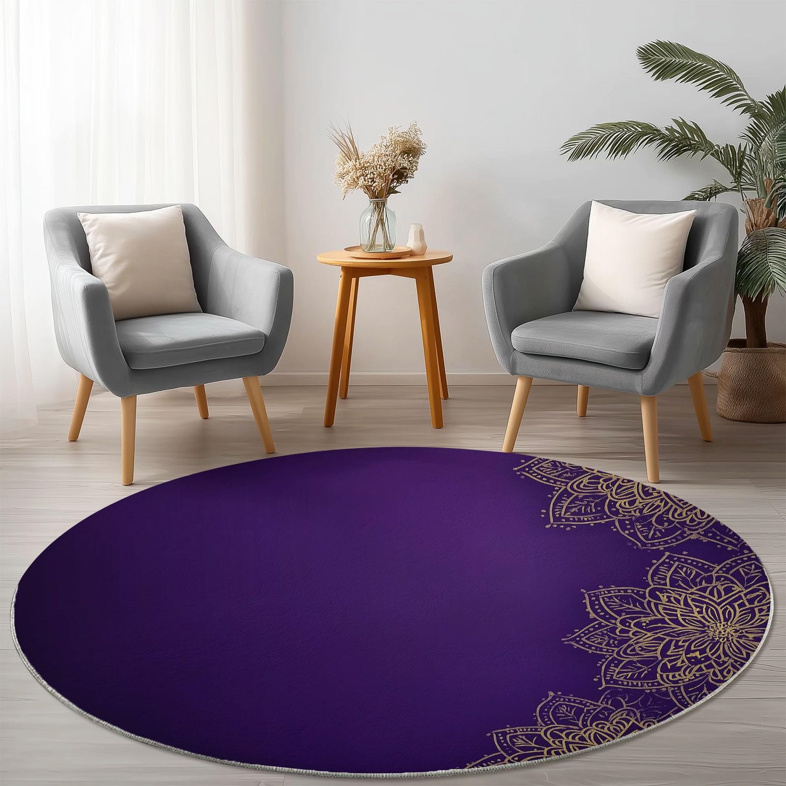Teppich Wohnzimmer Rund 120 cm Teppich Schlafzimmer Gold Lila Kurzflor Wohnzimmerteppich Linien Mandala Blumen Waschbar rutschfest Rund für Wohnzimmer Schlafzimmer Esszimmer