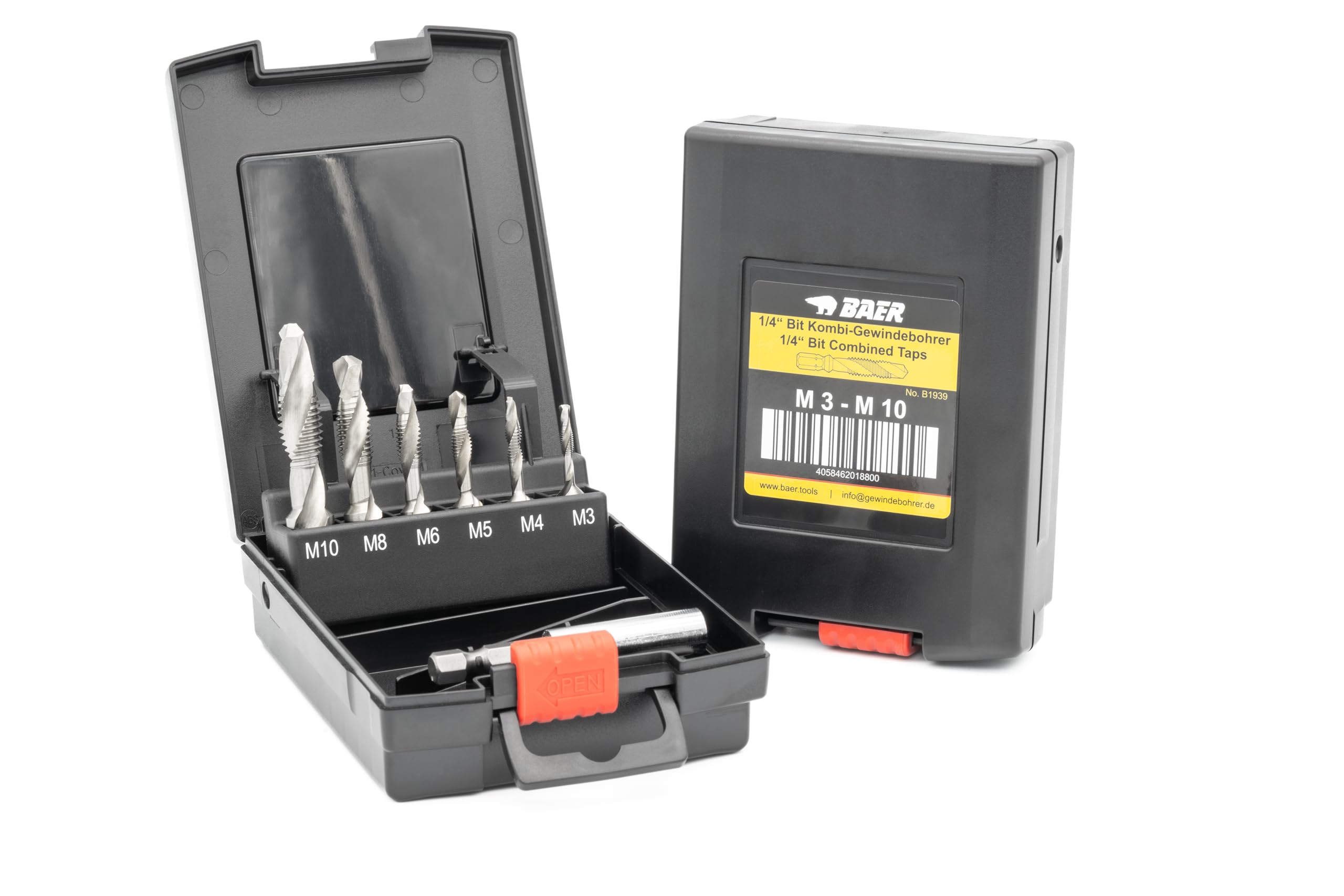 BAER Kombi-Gewindebohrer-Set HSSG – Gewindebohrer für Akku-Schrauber, 7-tlg., M3–M10, inkl. 1/4'' Bit-Adapter