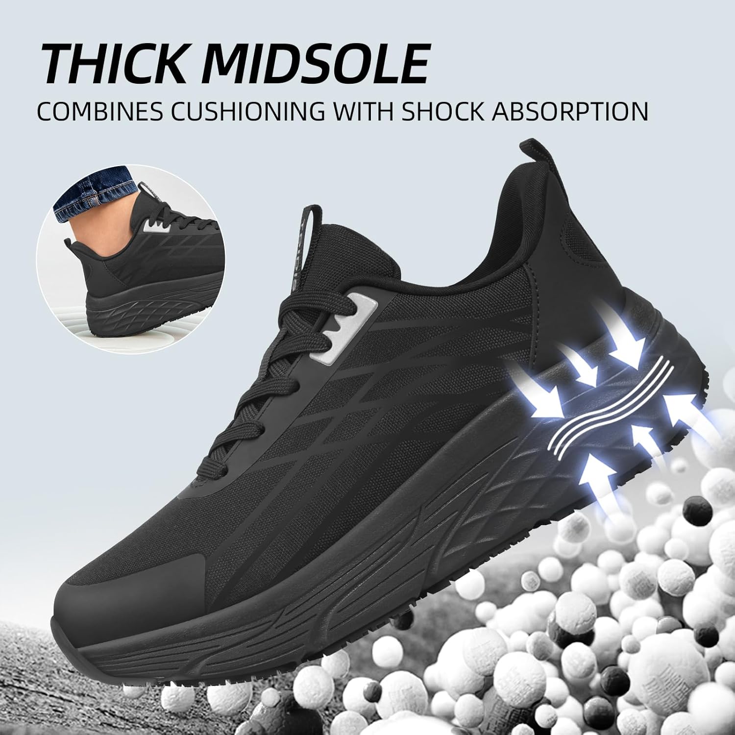 Black Slip Resistan Work Shoes for Men, Water Resistant Non-Slip Chef Thick Sneakers for Restaurant Kitchen & Food Service - Zapatos de Trabajo para Hombre Antideslizantes - Image 5