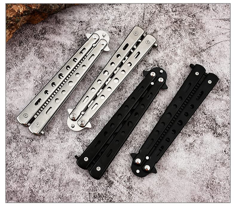 1pack Butterfly Knife Trainer Practice with O-ring Latch - Enhanced Version - Black Metal Steel - no Offensive Blade - for Beginner, Children, Butterfly Knives Lover and more