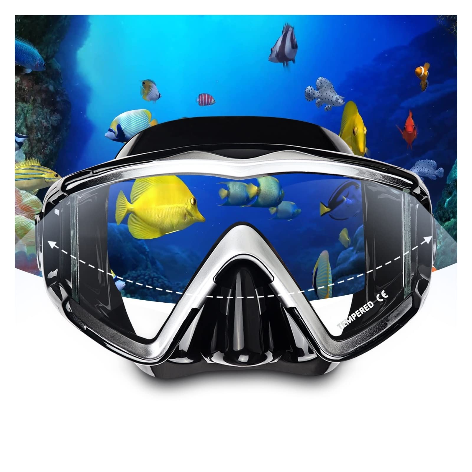 Dive Portable Lungs Tauchmaske für Erwachsene, Panorama-Schnorchel-Tauchmaske aus gehärtetem Glas, Premium-Schwimmbrille mit Nasenschutz, sichereres Schnorcheln(Mattschwarz A)