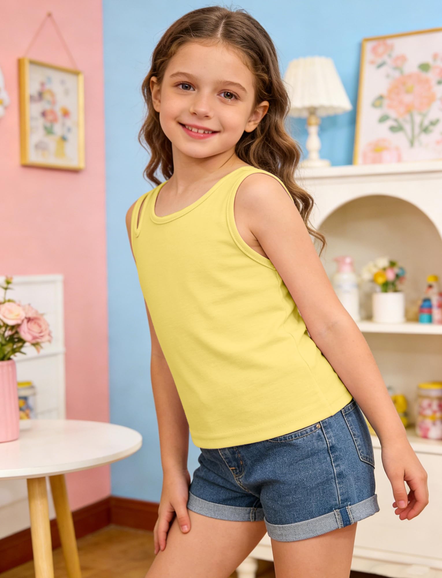 Happy Cherry Camiseta interior sin mangas para niña, camiseta interior básica de verano, transpirable, acanalada, paquete de 4 unidades
