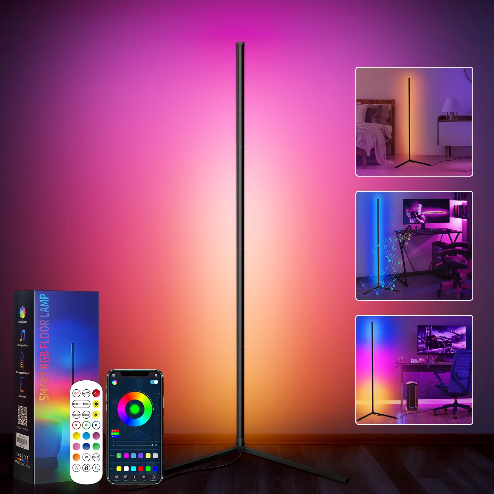 CS COSDDI LED Floor Lamp, Smart RGB Corner Lamp, Dimmable Colour Changing Standing Lamp with APP & Remote Control, Music Sync, Timer, Modern Mood Lamp for Living Room, Bedroom, Gaming Room