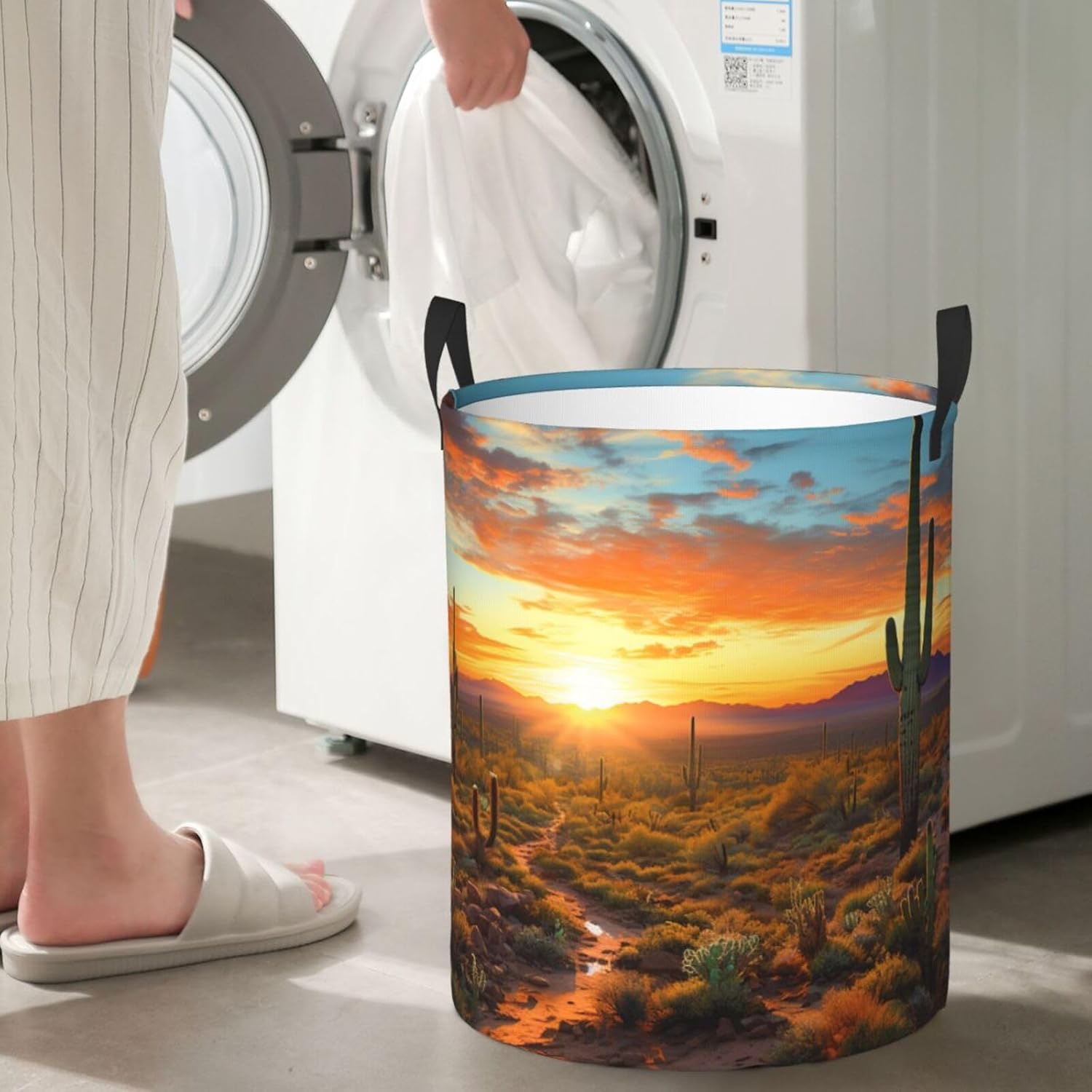 Saguaros at Sunset Laundry Basket With Handles, Foldable Laundry Hamper Oxford Cloth Dirty Clothes Basket Waterproof Clothes Toys Storage Bin Organizer for Bedroom Bathroom Dorm
