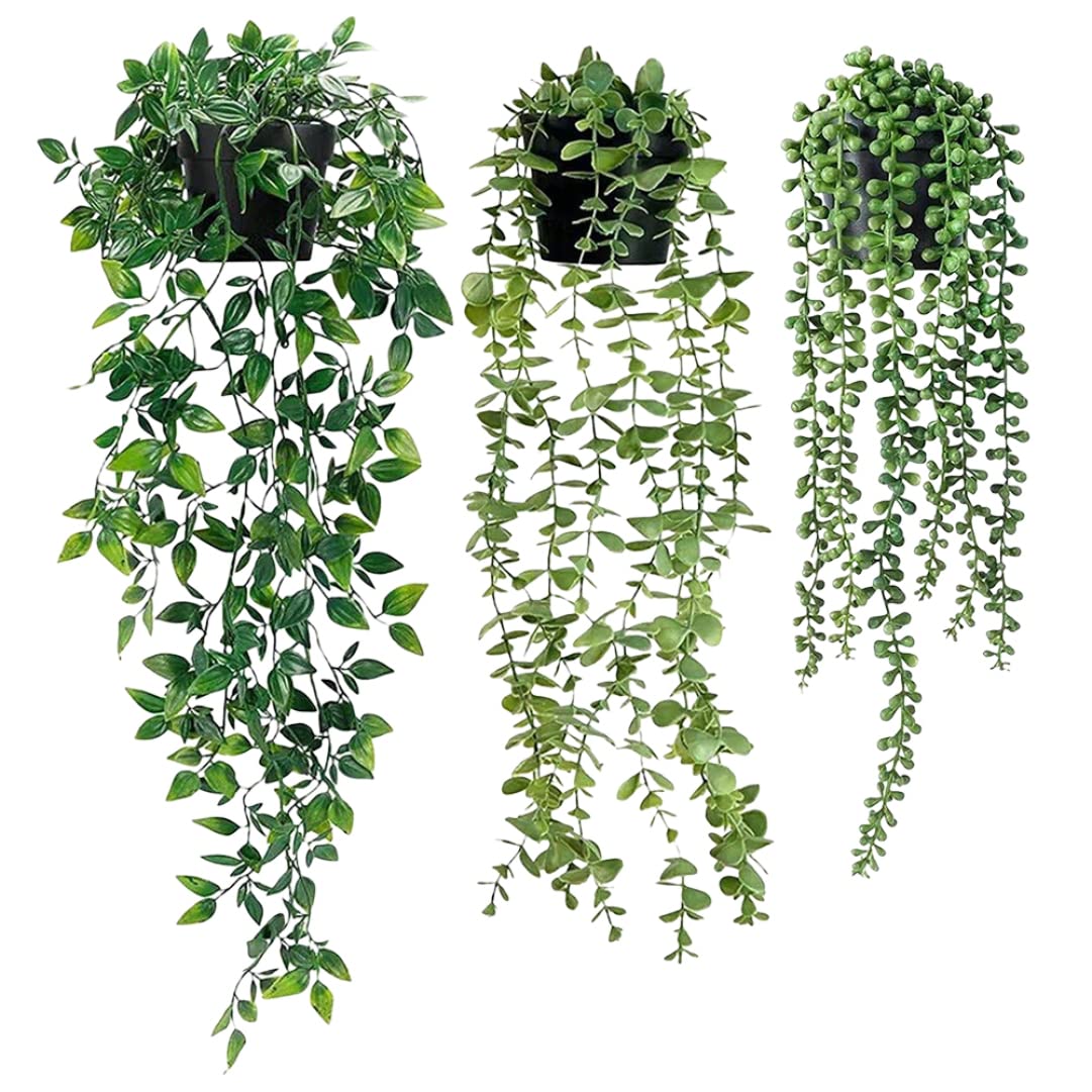 Wedhapy Artificial Hanging Plants - Indoor Outdoor Fake Ivy in Pot for Wall Decor - Plastic Faux Mandala Plants 3PCS