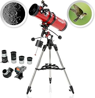 AmScope Reflector EQ Telescope with Equatorial Mount, 130mm Aperture, 650mm Focal Length, Stainless Steel Tripod and Red Dot Finder
