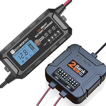 ECO-WORTHY 12V 5A 10A2-Bank Automatic Smart Battery Charger IP68 for Marine Boat RVs Car Battety Maintainer