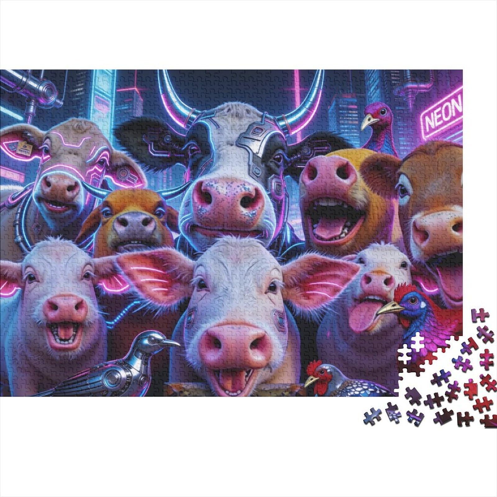 -Fi Farm Animals Art 1000 Pieces Puzzle Cardboard for Adults & Kids 14+ Neon Farm Wall Decor Glare-Free Precision Cut Matte Finish 70x50cm/1000pcs