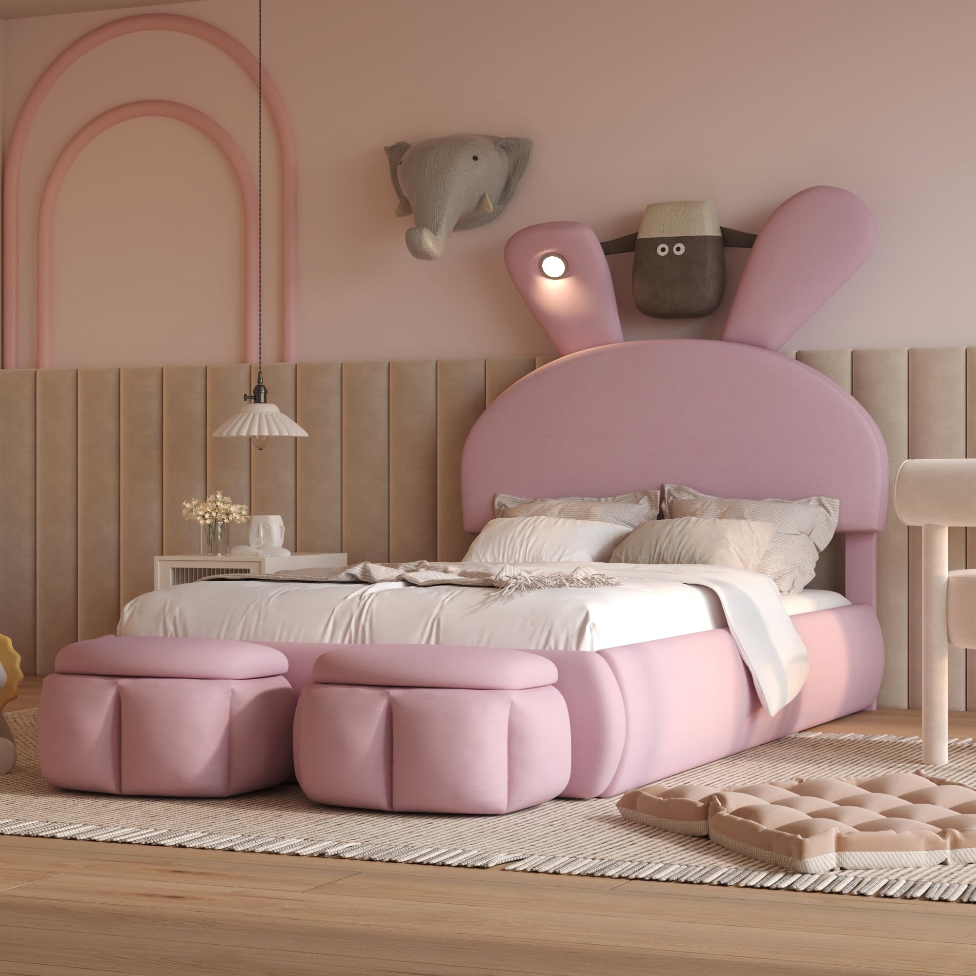 Merax Twin Size Upholstered Platform Bed with 2 Small Storage Stools Cartoon Ears Shaped Headboard and Light, Pink