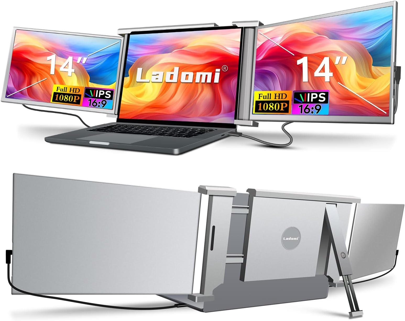 Laptop Screen Extender, 14" FHD 1080P IPS Laptop Monitor Extender, 315° Rotation Triple Portable Monitor for 13.5" -16.5" Laptops, Type-C/HDMI/USB-A Plug & Play for Wins, Mac, Android, Switch