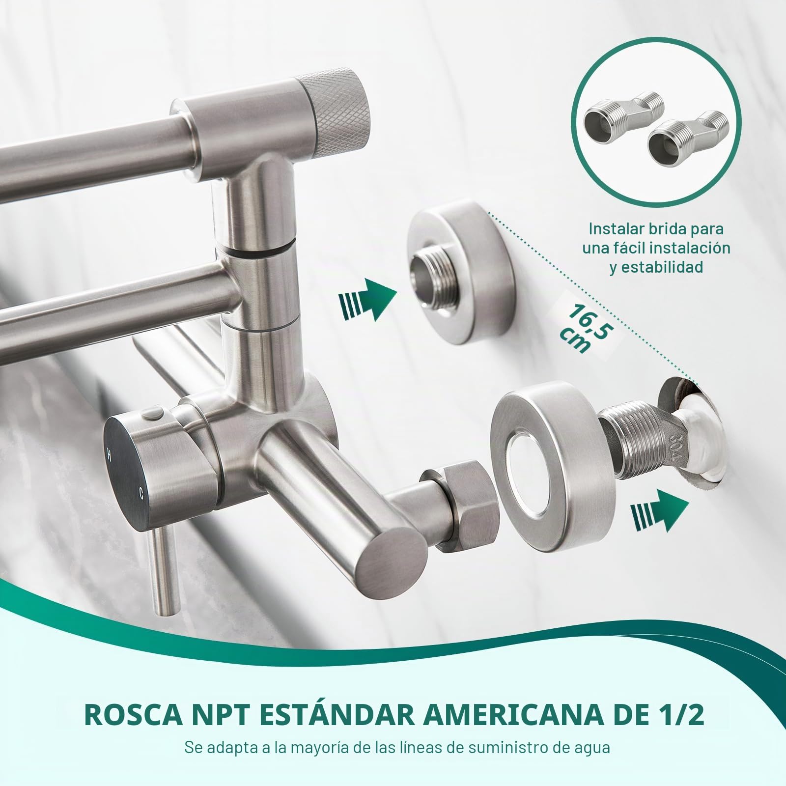 CREA Grifo de pared plegable para cocina,grifo de cocina, Grifo para Fregadero, 360° Giratorio Plegable, para fregadero de cocina con dos asas,para Grifo de Agua Fría y Caliente,Acero Inoxidable | Grifo de cocina para fregadero giratorio 360°, grifo de co