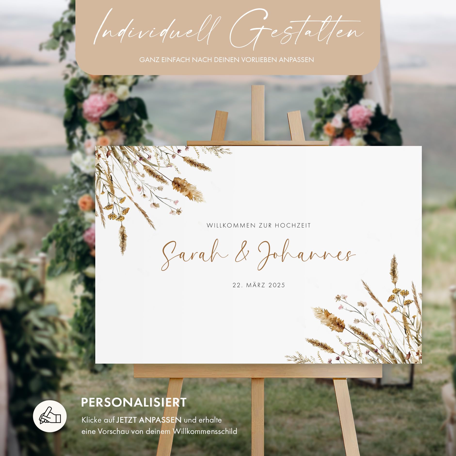 HEI Print Personalisiertes Willkommensschild Hochzeit mit Namen & Datum | Pampas Trockenblumen Boho Design | Welcome Sign Hochzeitsdeko | Schild auf Staffelei | Individuelles Brautpaar Geschenk
