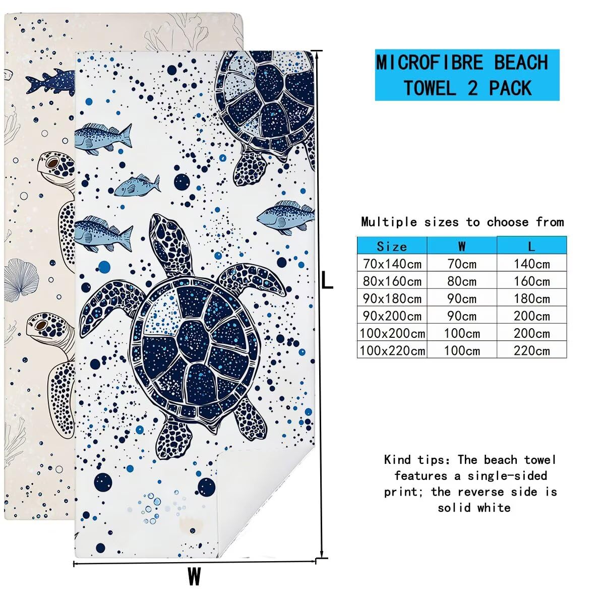 Telo Mare Microfibra, Telo Mare Grande 90x200cm 2 Pezzi, Asciugamano Palestra Donna Asciugatura Rapida, Antisabbia Asciugamano Microfibra, Leggero Asciugamani Palestra, Regalo (Tartaruga marina) -4502