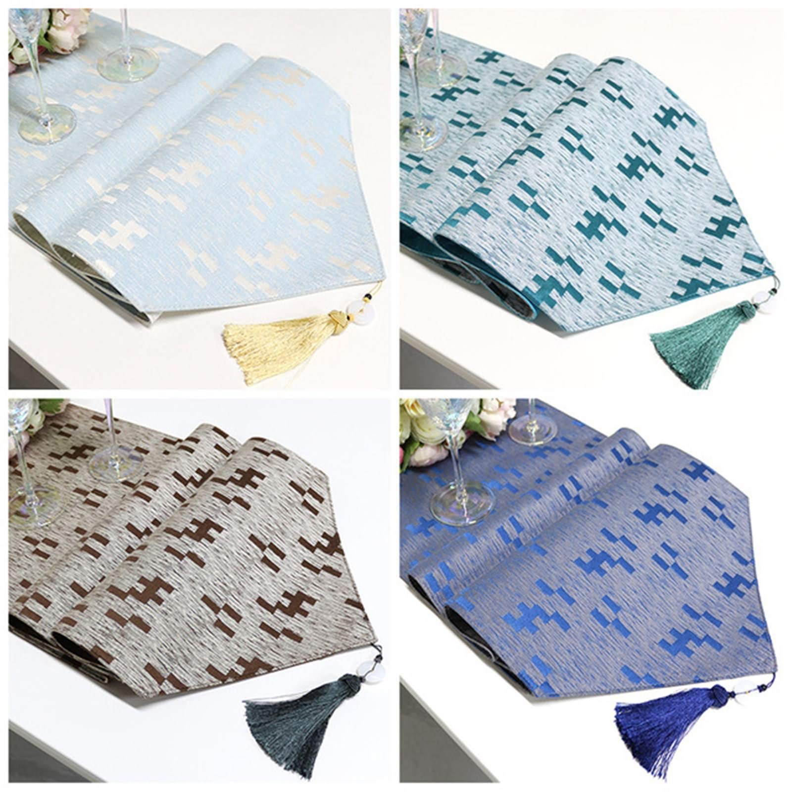 KnSam Chemin de Table Bleu Glace, Jacquard Puzzle à Franges, Coton, 35x200 cm, Couverture Décoration Table à Manger, Table à Thé, Placard