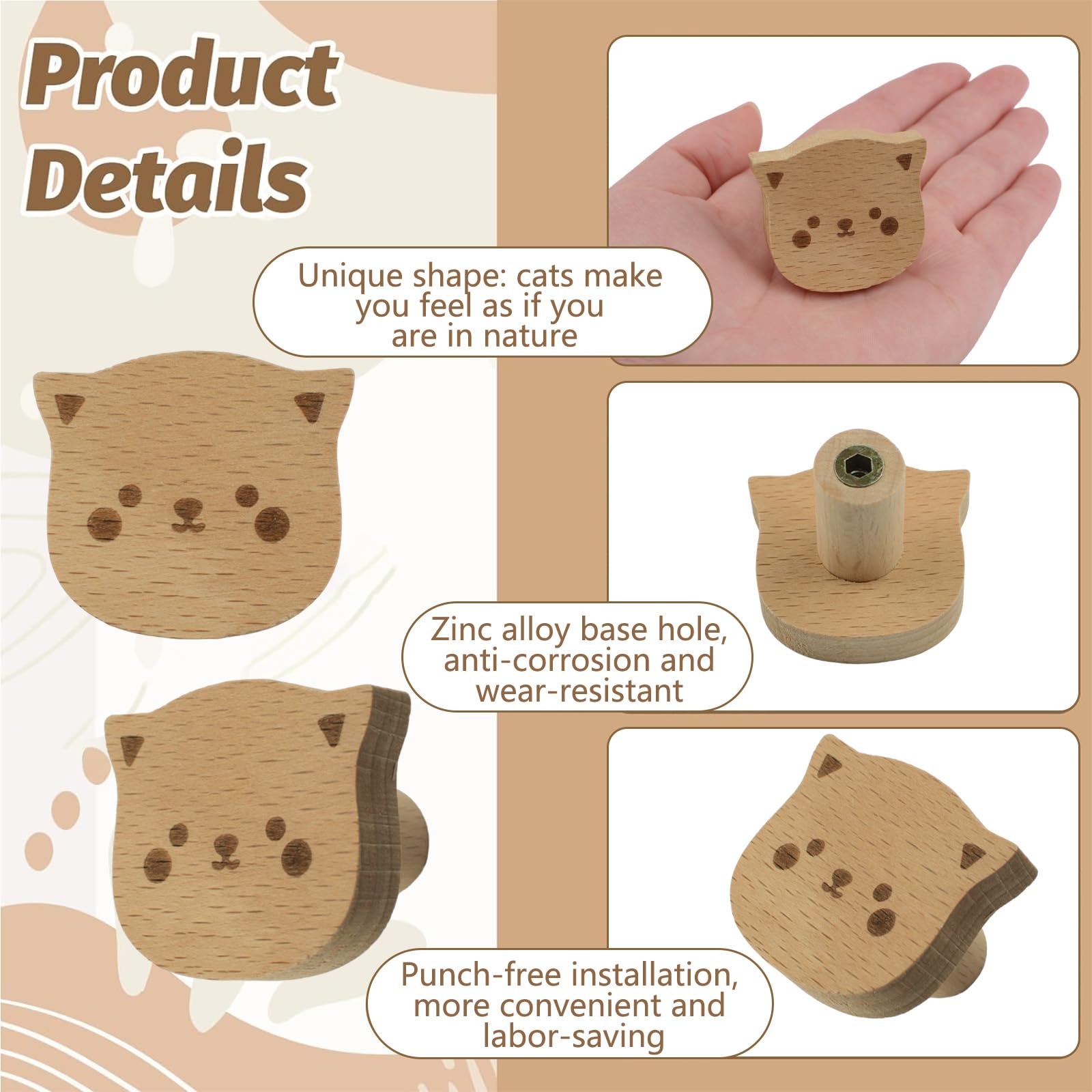 MOROBOR 6PCS Cat Shaped Wooden Knobs Single Hole Beech Wood Handles Wood Cupboard Cabinet Handle for Chest of Drawers with Stickers - Image 4