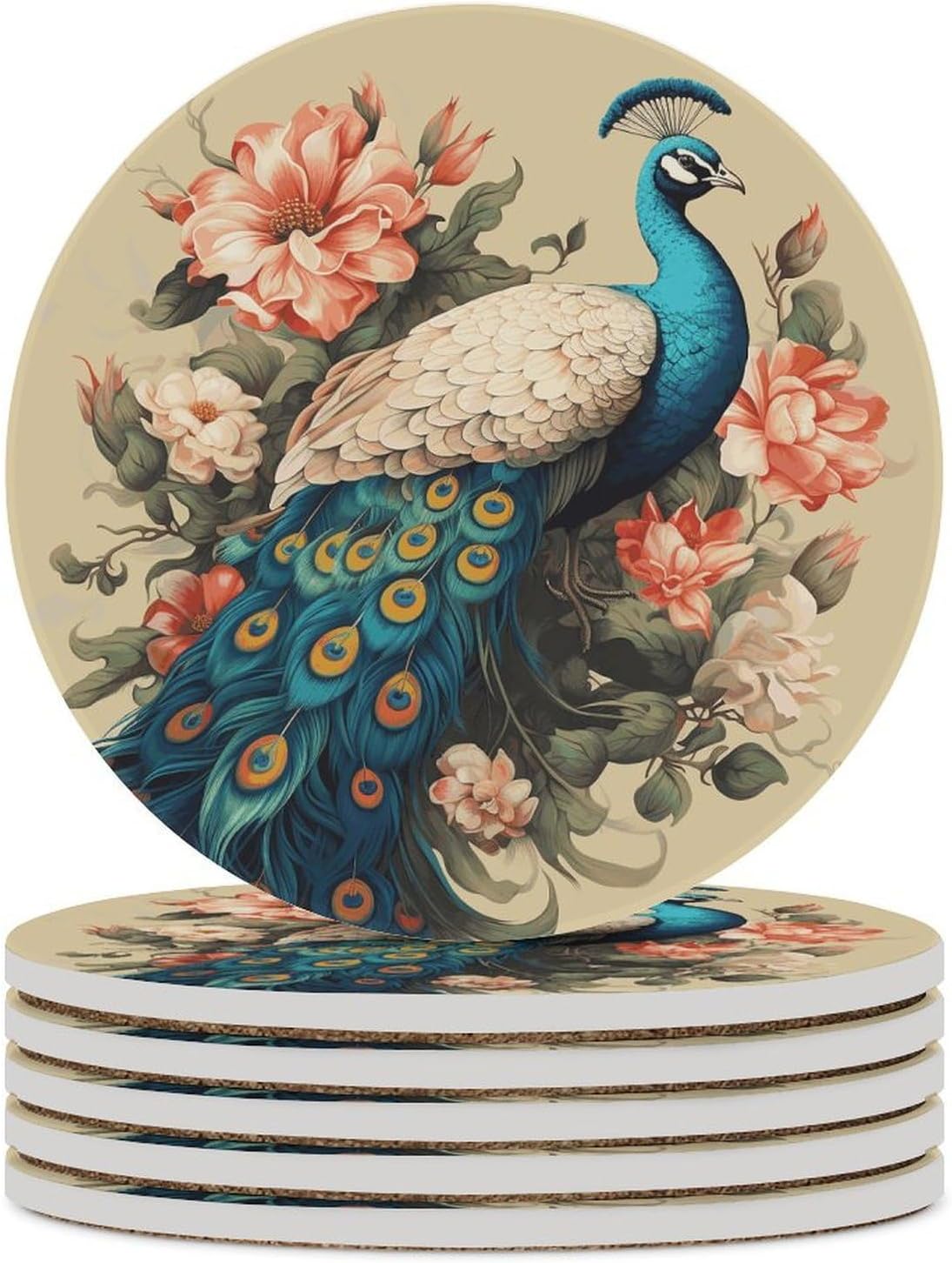 Peacock and Flowers Coasters Round Coasters Set Ceramic Stone Coaster with Cork Base Coffee Cup Beverage Cup Mat Cute Funny Table Drinks Coaster for Mugs and Cups Office Kitchen