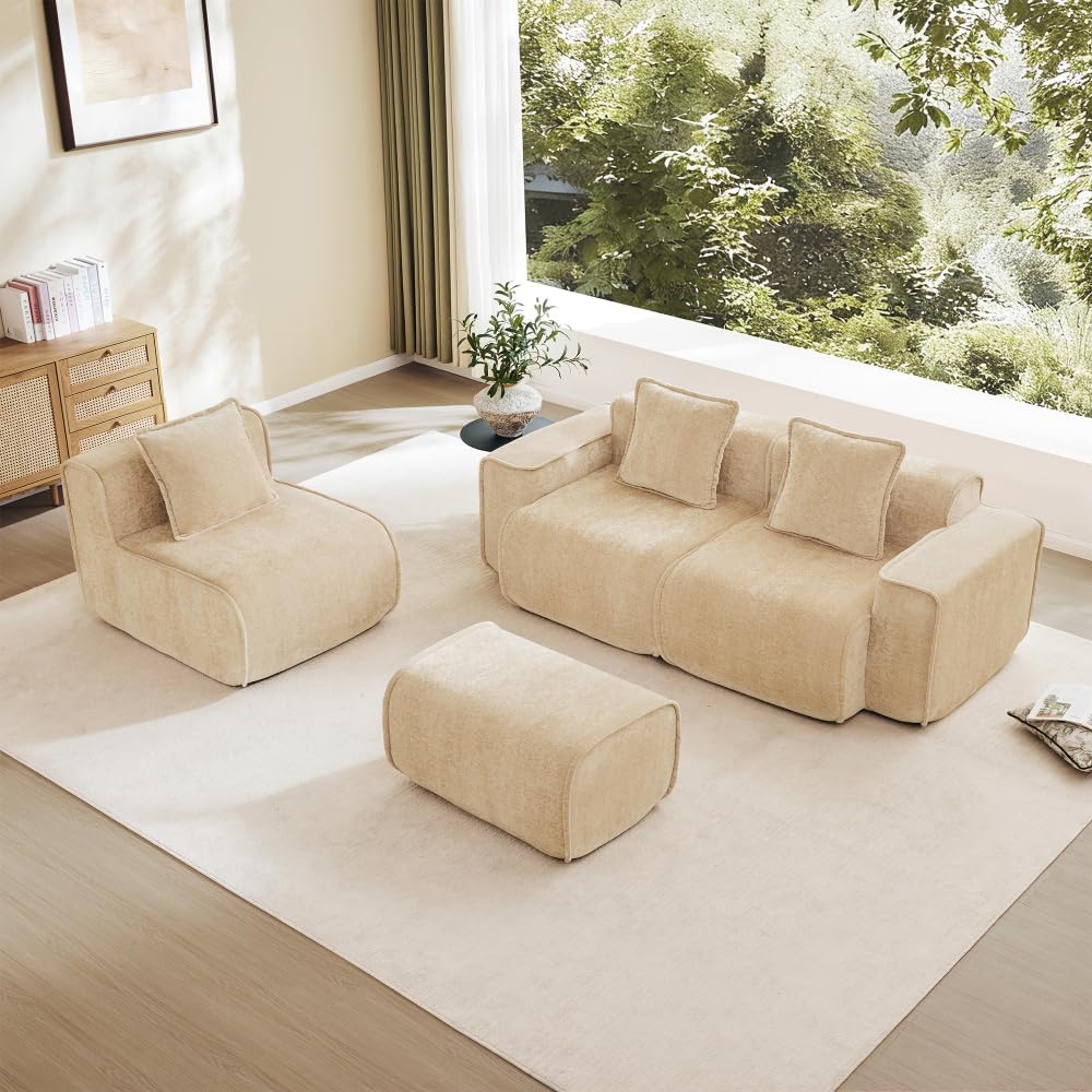 Modular 3 Seat Boneless Sofa with French Edge Piping,No Assembly Required, Modern Modular 3-Seat Sofa Couch with Throw Pillows,Velvet Fabric
