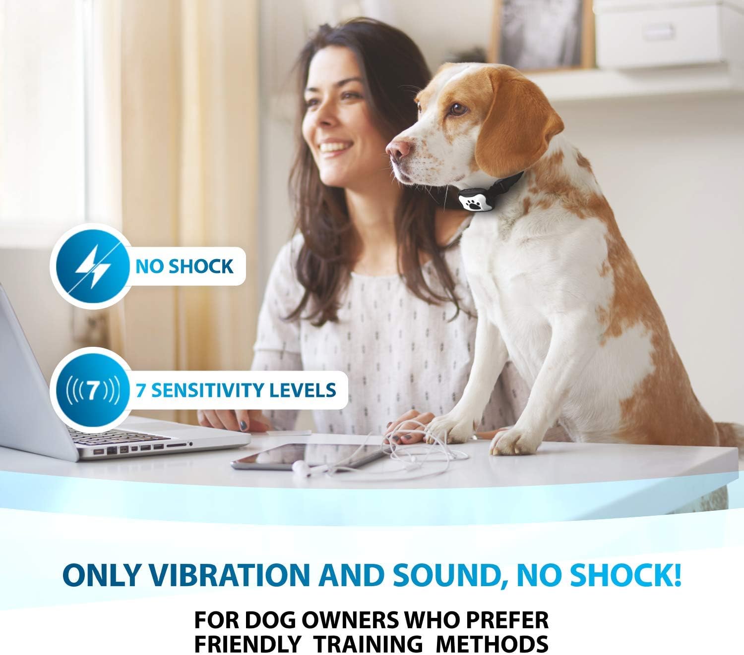 SparklyPets Humane Dog Bark Collar | Anti Barking Training Collar | Vibrating, No Shock Stop Barking for Small Medium Large Dogs | (White and Black 1 Pack)