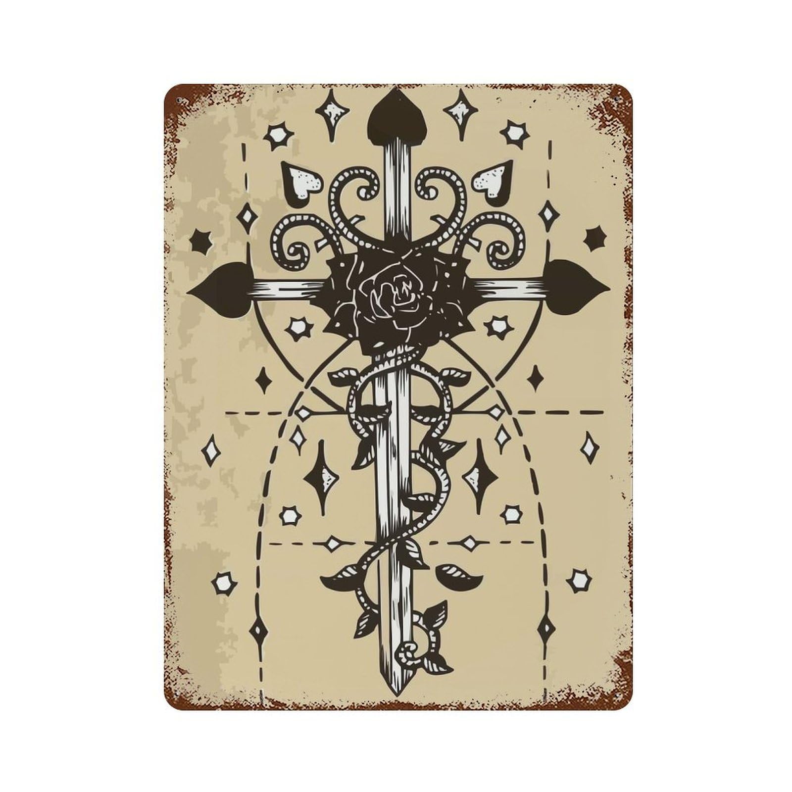 Cross Rose Vintage 15.7"x11.8" Vintage Rust Metal Sign, Novelty Wall Decor for Living Room, Hallway And Home Decor