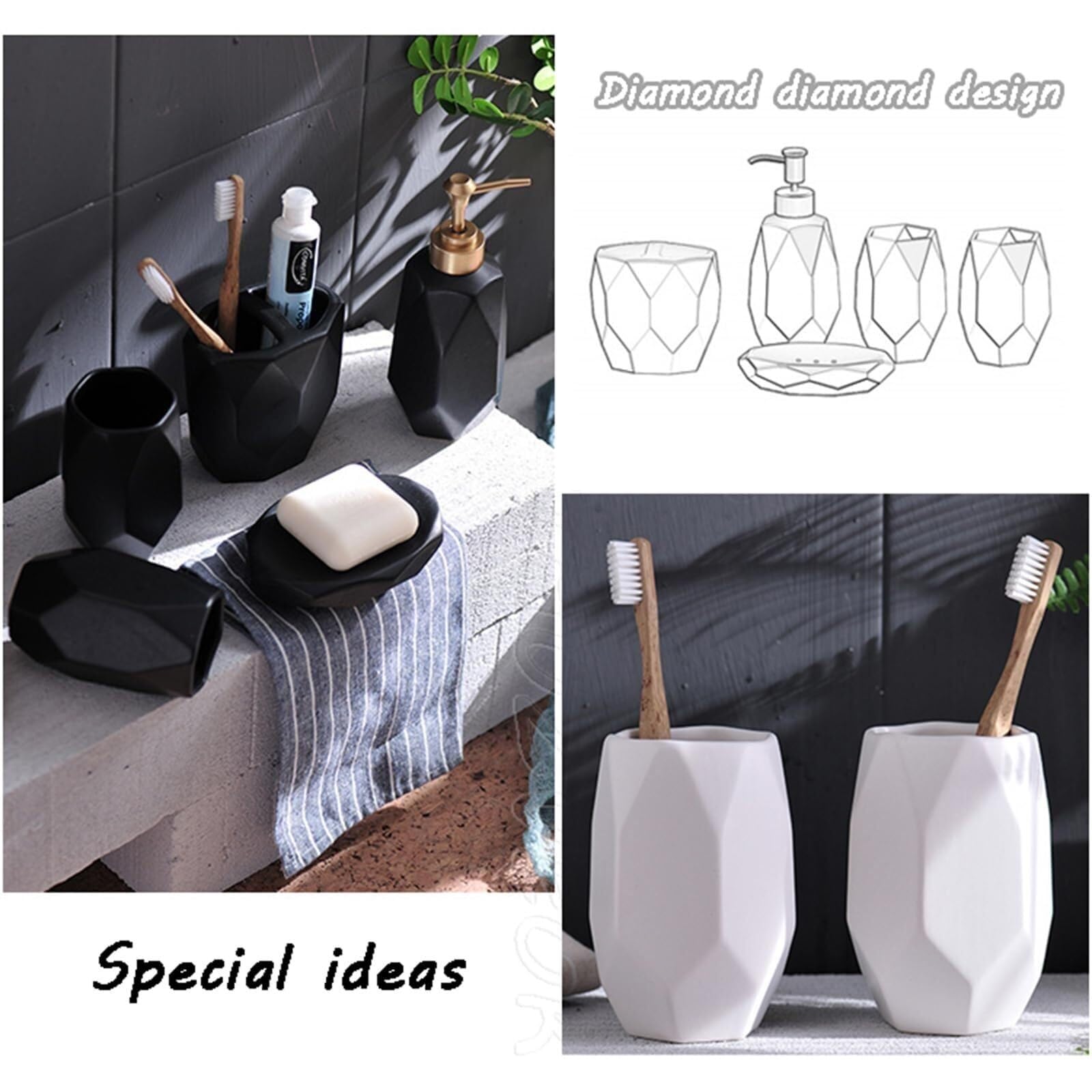 Set di accessori per il bagno Dispenser di sapone da 5 pezzi, organizer con portaspazzolino, bicchiere e piatto, decorazione costiera Arredamento per gli affittuari(White)