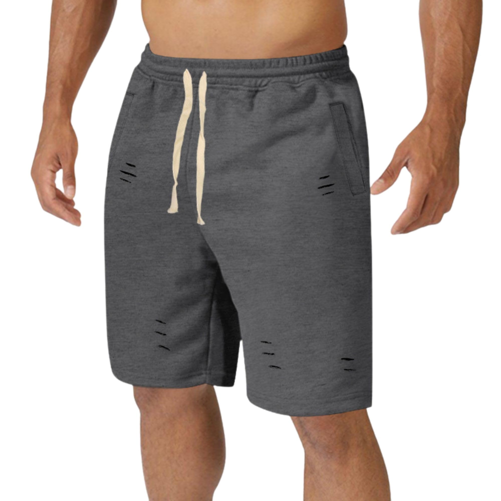 Mens Summer Ripped Shorts Casual Trendy Loose Workout Solid Color Drawstring Waisted Beach Shorts Gym Wear