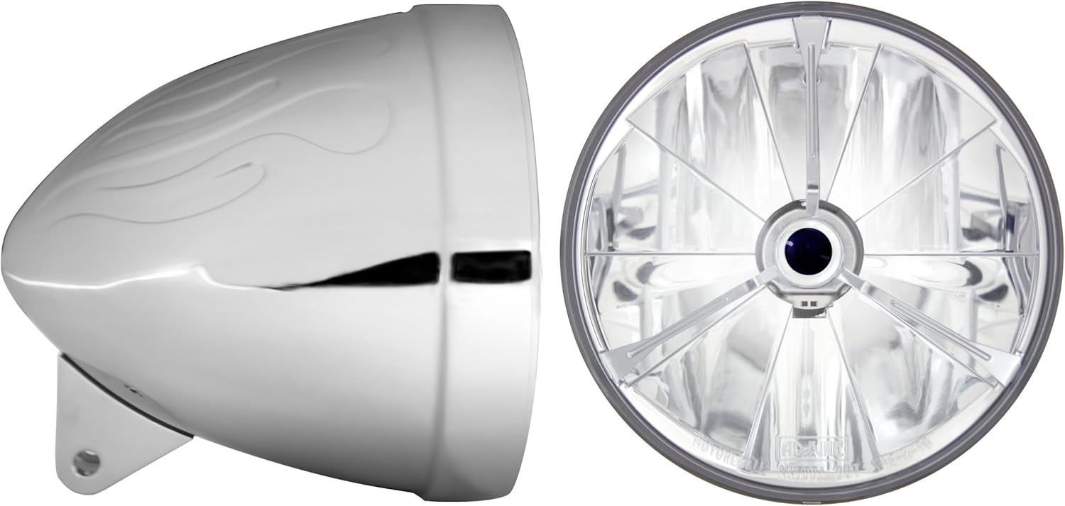 HB74010-74 7″ Flamed Chrome Ventura Highway Design Motorcycle Headlight Bucket Combo with Pie Cut Black Dot Tri-Bar Lamp (Part No: T70704)