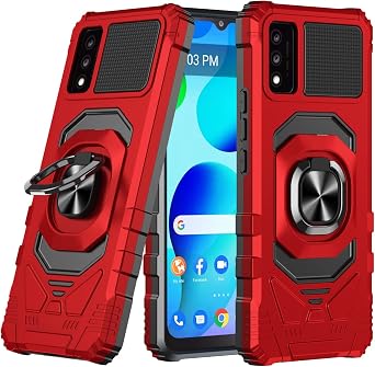 for TCL 30T T603DL Rugged Dual-Layer Shock-Proof Metal Full-Body Ring Case with Magnetic Car Mount, Temper Glass Screen Protector, and Kickstand Red