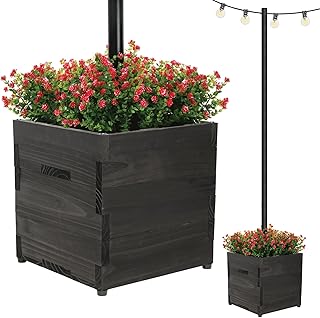 Extra Large Decorative Wooden Planter w/ Universal Pole Support for String Light Poles, Umbrellas, Bird Feeders. Solid Wood Outdoor Garden Box for Plants(Does not include Pole), 17"x17"x18", Black