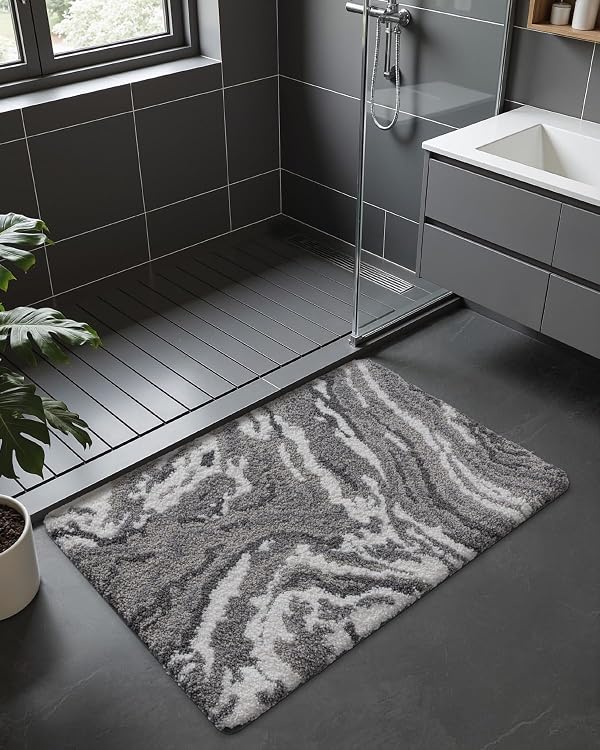 DEXI Bathroom Rug Mat 24x36, Soft and Absorbent Marble Bath Mat, Non Slip Machine Washable Bath Rugs for Shower Floor, Tub, Sink, Grey and White by DEXI - Image 4