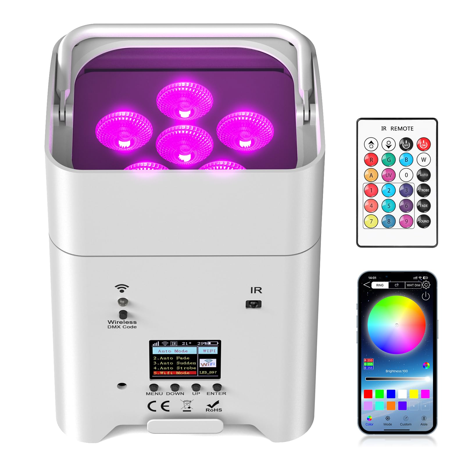 108W Akku LED Par Scheinwerfer Strahler Wiederaufladbarer RGBWA+UV Uplight Outdoor mit Fernbedienung/DMX/APP(IOS und Android) Disco licht für DJ party Bar Hochzeit Geburtstag- Weiss
