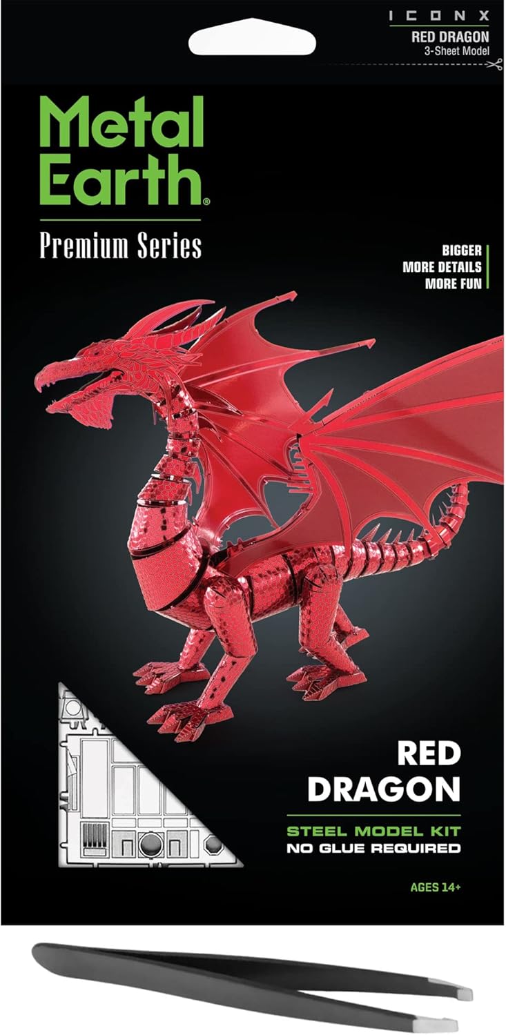 Metal Earth Fascinations Premium Series Red Dragon 3D Metal Model Kit Bundle with Tweezers