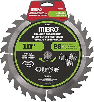 Mibro 10" Carbide Tipped Circular Saw Blade for Table and Miter Saws, Wood Cutting Saw Blade, 414341