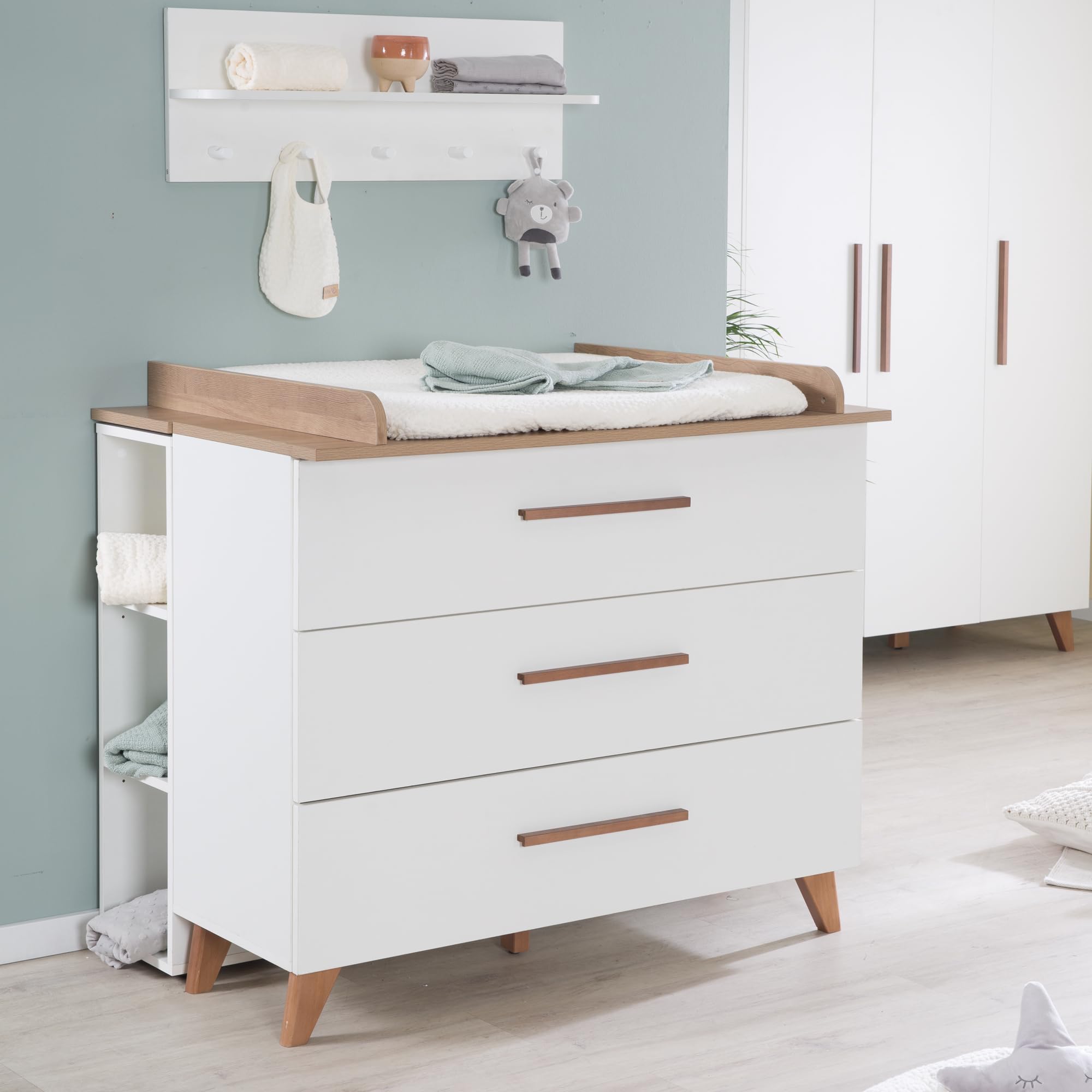 roba Set per cameretta bambini 3 pezzi Lettino 70x140 cm convertibile fasciatoio 3 cassetti armadio bambini Maniglie piedi legno massello Bianco rovere scuro