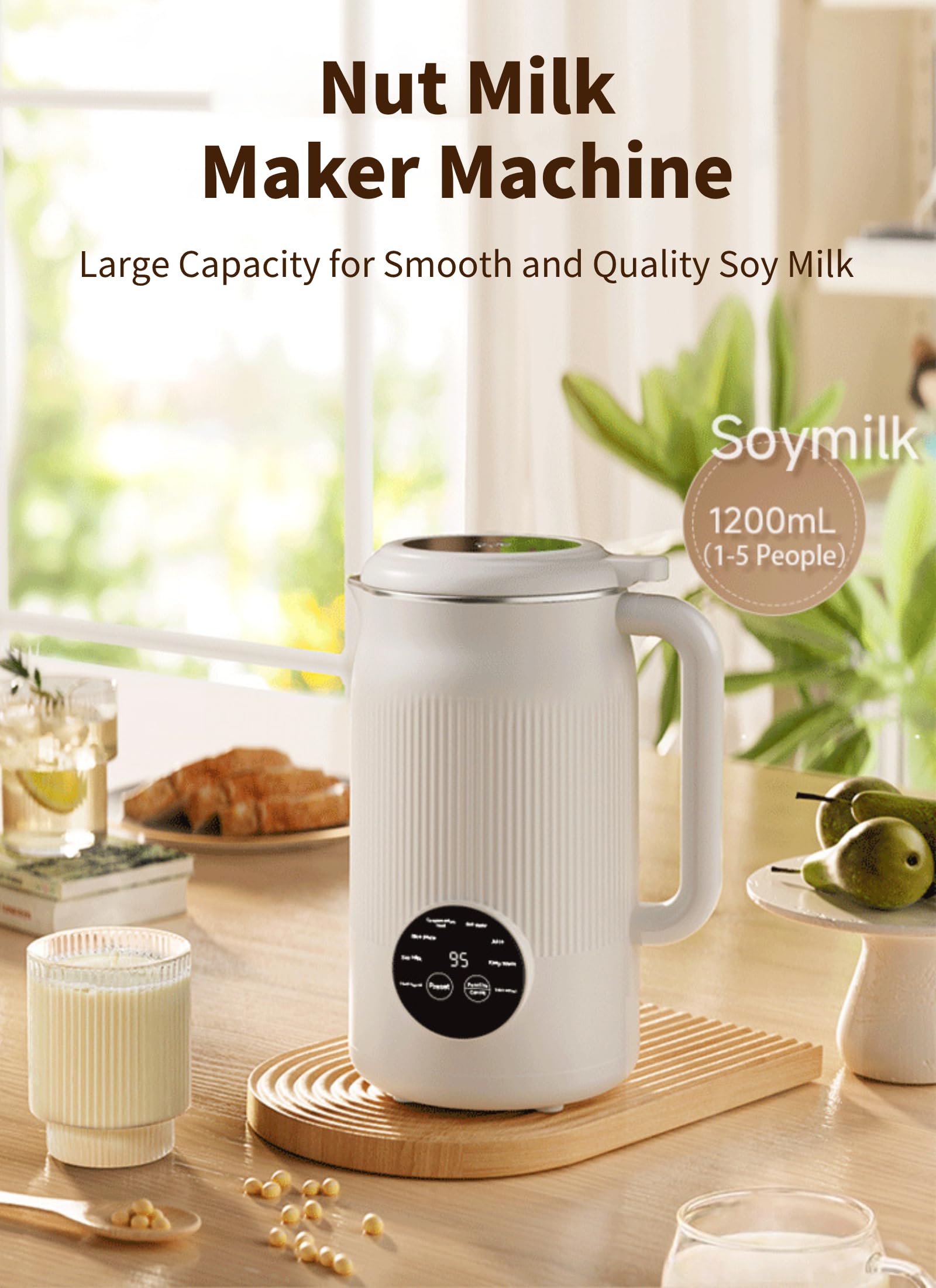 40.5oz Nut Milk Maker Machine, Multifunctional Soy Milk Maker, 10 Ultra Blades, with Keep Warm, Self Cleaning & Boil Water, for Homemade Almond, Oat, Coconut, Soy Milk