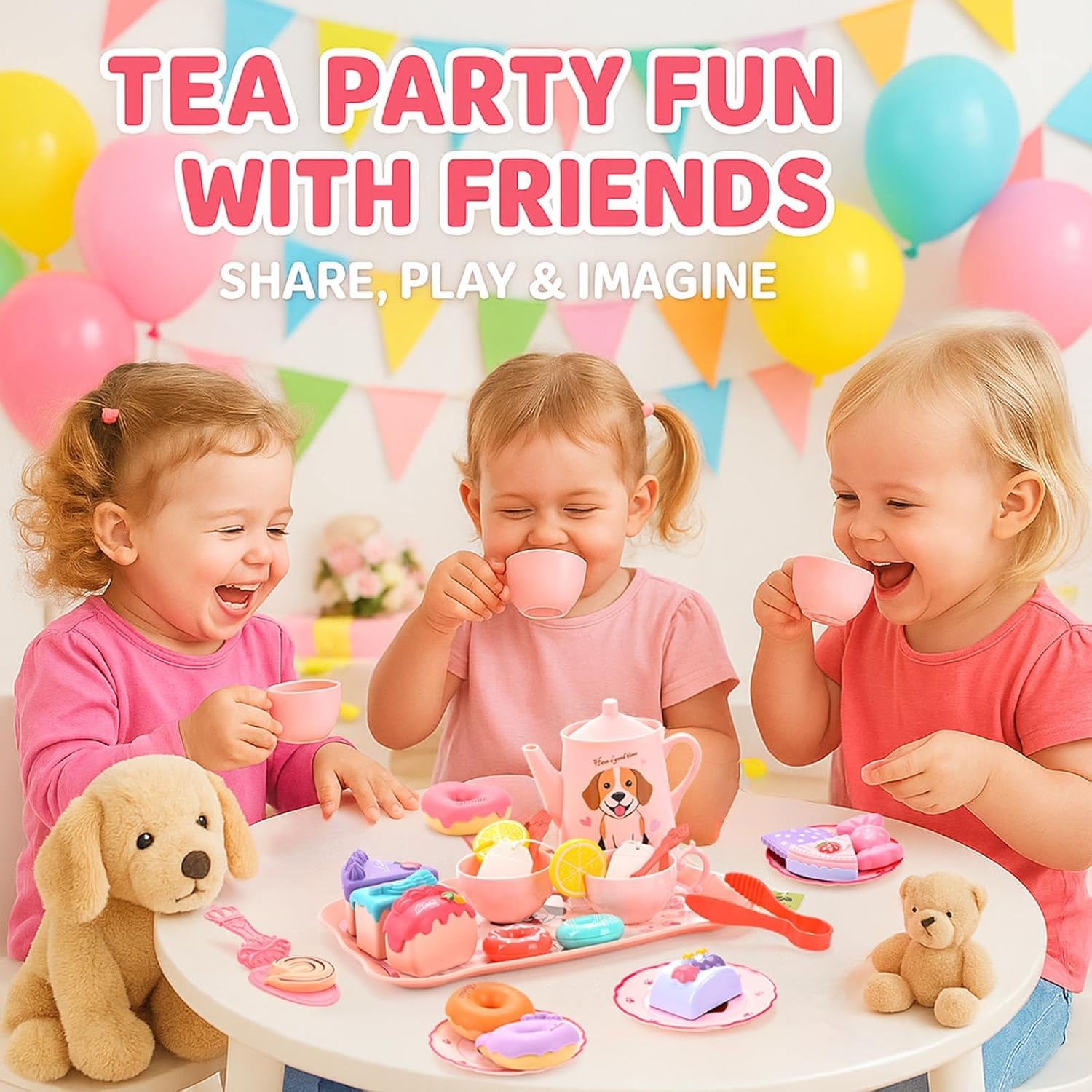 Lajeje Dog Toys for Kids – Plastic Tea Party Set for Toddlers & Little Girls Ages 3-8, Puppy-Themed Pretend Play Kitchen Toy with Teapot, Cups, Saucers, Desserts & Tray | Birthday Gift Idea