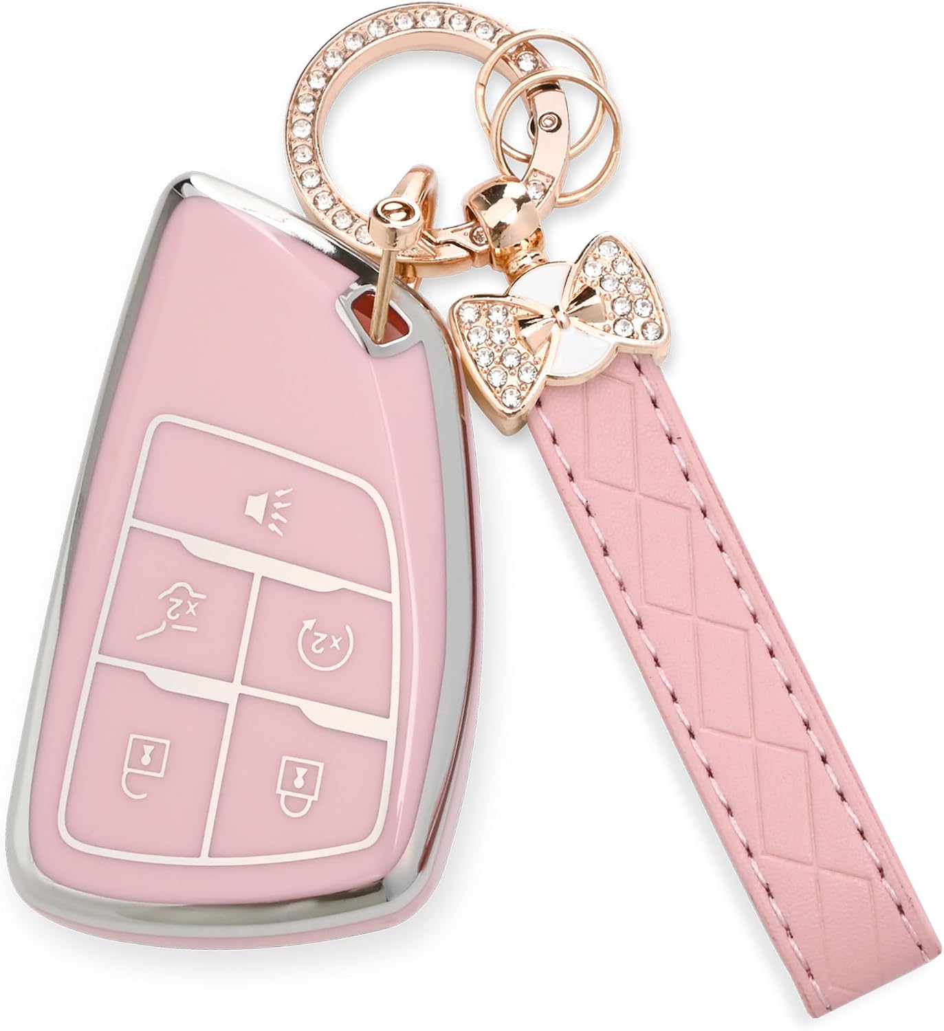 for Chevy Key Fob Cover - Soft TPU Protection Case with Keychain for 2021-2025 Chevy Suburban Tahoe GMC Yukon Denali Silverado Buick Enclave Smart Remote Key Shell（5 Buttons Pink）