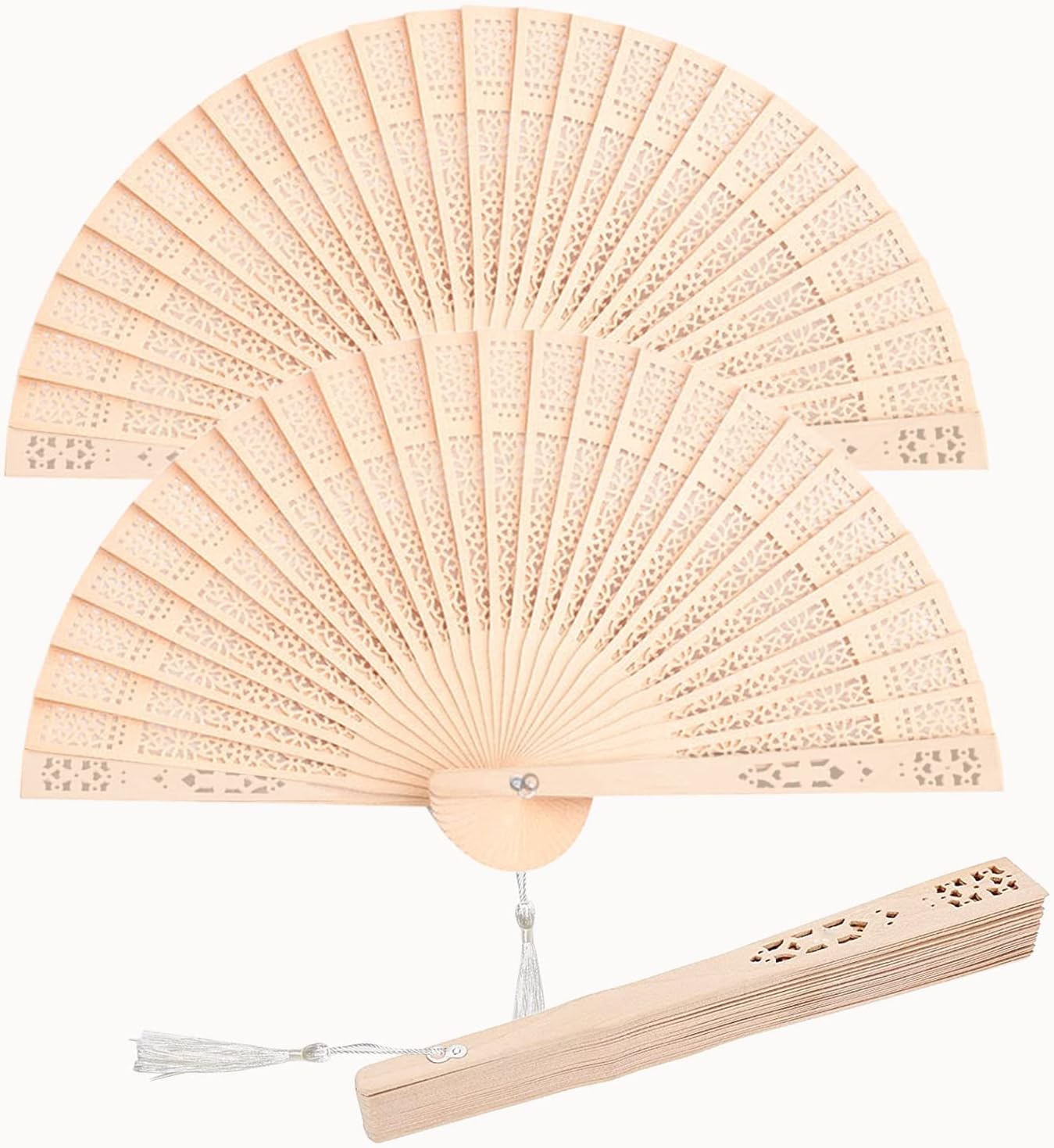50 PCS Sandalwood Fan Wooden Folding Fans, Wedding Fans with Tassel and Organza Bags,Hollow Pattern for Wedding Gifts Baby Shower Party Favor and Home Decorations