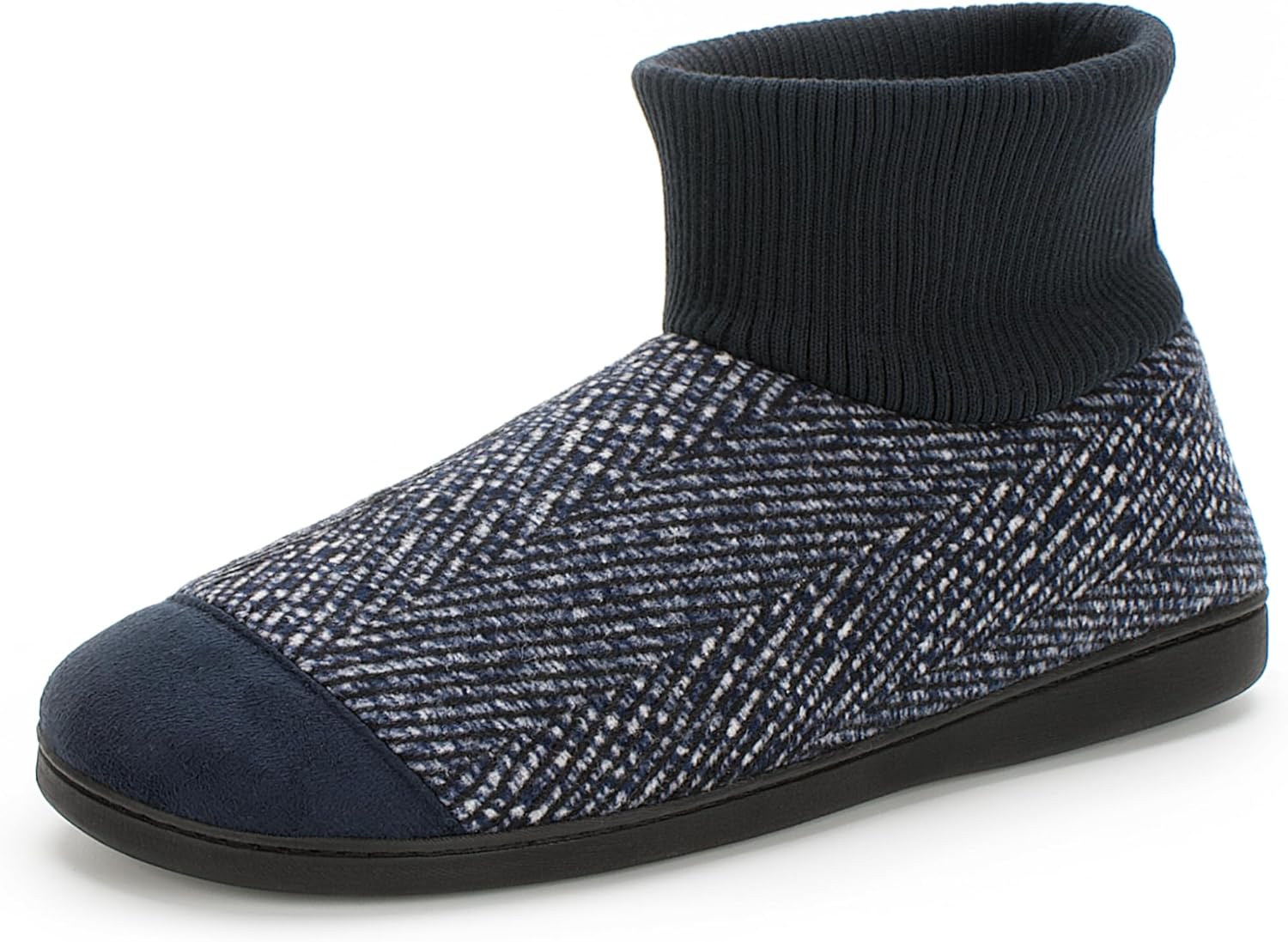 Cozylook Men's Slippers with Knitted Cuff Cozy Memory Foam Non-slip Indoor Outdoor Slipper Socks with Rubber Sole Navy Blue Size 8-9