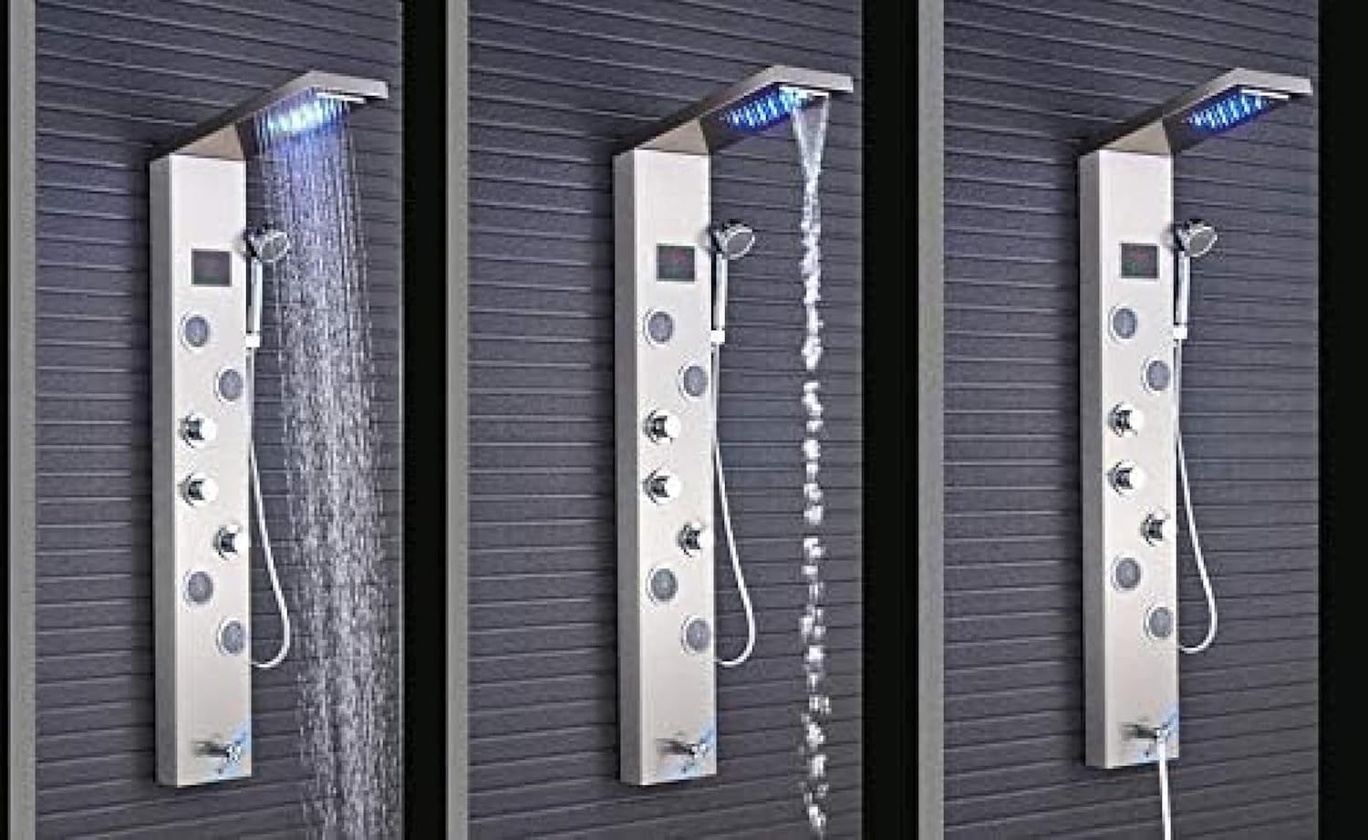 Brushed Nickel Shower Panel 3 Handles Waterfall Rain Shower Set Faucet Swivel Body Massage Jet Bath Shower Suit Shower Column