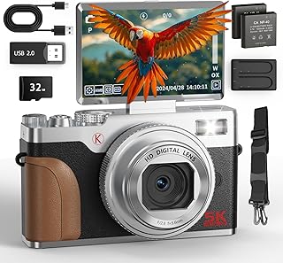 NBD 5K 6400万画素デジタルカメラ 18倍ズーム オートフォーカス·手ぶれ補正 コンデジ| 3"180フリップスクリーン | LEDフラッシュ&ウェブカメラ機能 | 32GB TFカード&2個のバッテリー付き(シルバー)