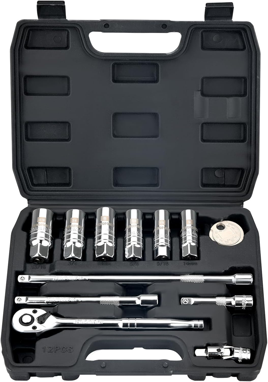 AEROFORCE 14PCS 3/8-Inch Drive Swivel Magnetic Spark Plug Socket Set with 3/8'' Torque Wrench (5-45 Lb.ft/6.8-61.2 Nm), Universal Joint & Extension Bar - Durable CR-V Steel for Easy Spark Plug Removal