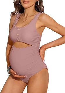 Charmo Maternity One Piece Swimsuit Scalloped Cut Out Ruched High Waisted Scoop Neck Pregnancy Bathing Suit